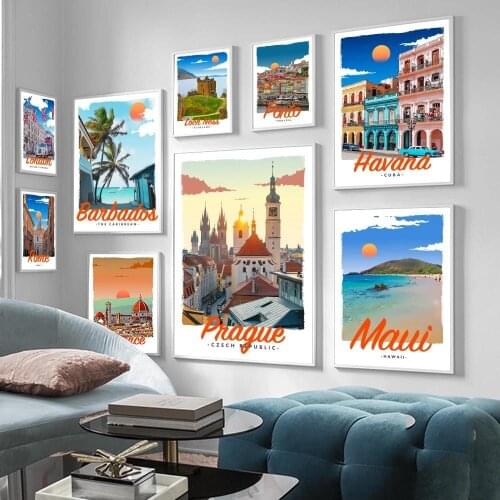 Retro Vintage Style Travel Posters Havana Italy London Rome Maui Canvas Paintings Wall Art Print Pictures for Modern Home Decor