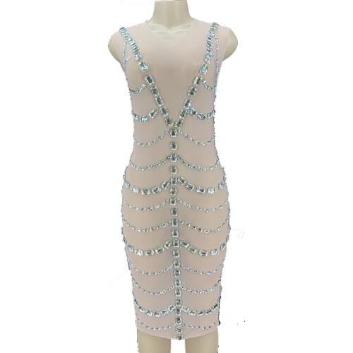 Silver Crystals Transparent Mesh Dress Birthday Party Dress Evening Flashy Prom Sexy Dancer Costume