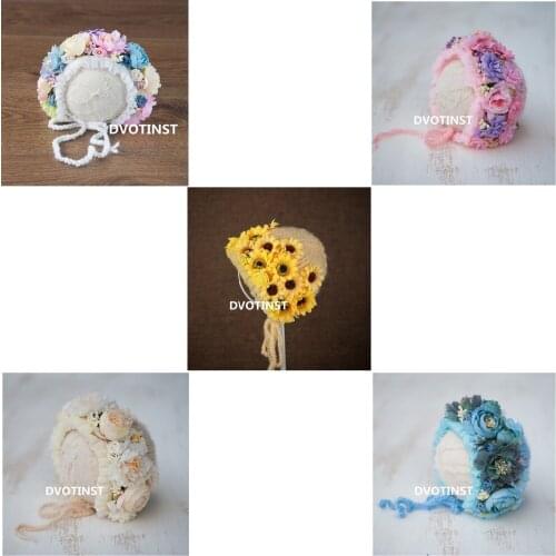 Dvotinst Newborn Baby Girl Photography Props Crochet Knit Floral Hat Flower Bonnet Fotografia Accessory Studio Shoot Photo Props