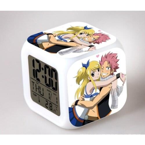 FAIRY TAIL Lucy Digital Alarm Clock Action Figures Natsu Gray Erza Happy Colorful Glowing Digital Clock LED Toys Children Gift