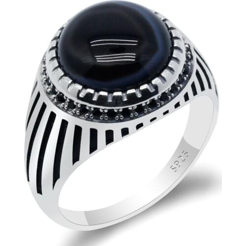 Turkey Black Agate Ring for Men 925 Sterling Silver with Natural Round Stone & Black CZ Rings Simple Jewelry for Male Women Gift