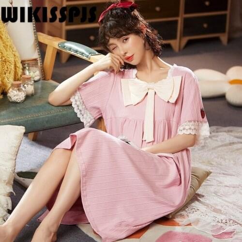 WIKISSPJS 2021 Summer New Round Neck Bow Knot Pure Cotton Princess Wind Strawberry Korean Home Wear Night Dress Women Sleepwear