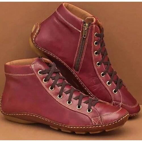 PU Zip Woman Shoes Female Botas Mujer Women Winter Cotton Warm Flat Cross Lace Up Ankle Boots Vintage LadiesWomen Short Boot