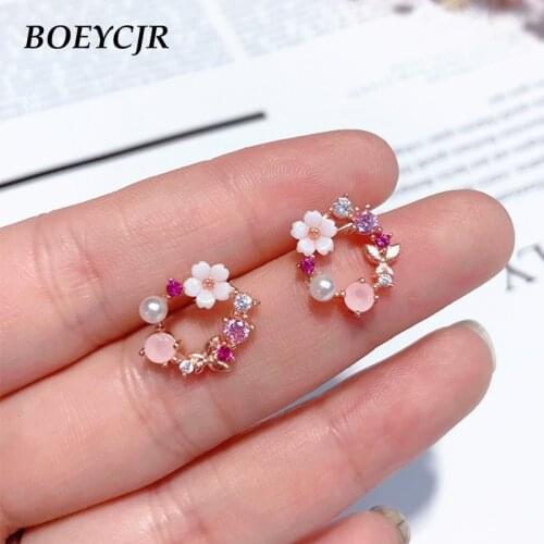 BOEYCJR Shell Flower Simulated Pearl Rhinestone Stud Earrings Handmade Fashion Jewelry Round Earrings for Women Gift