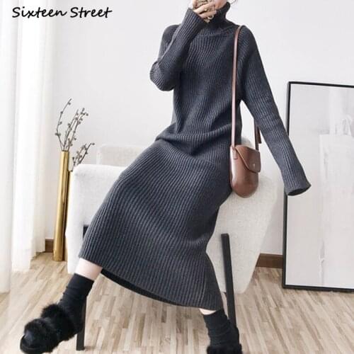 Chic Soft Knit Long Dress Woman Turtleneck Fall New Gray Chic Elegant Sweater Dresses Vestido Mujer Winter Autumn Loose Knitwear