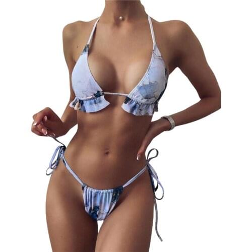2 Pcs Women Sexy Bathing Suits Adults Tie-dye Print Triangle Push Up Halter Bikini + Tie-up Thong Salidas De Playa Para Mujer