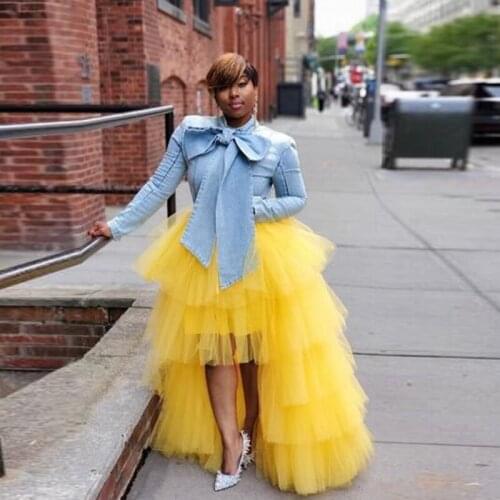 2020 Fashion Yellow High Low Tulle Skirts Chic Ruffle Puffy Tulle Zipper Waist Maxi Skirt Elegant Tiered Tulle Women Long Skirts