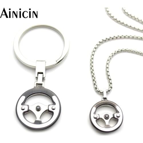 316L Stainless Steel Steering Wheel Key Chain 20'' Box Chain Pendant Necklace Fashion Mens Gift Christmas Jewelry