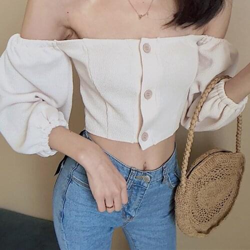 Abrini 2021 Summer Off Shoulder Female Buttoned Up Shirt Knitted Crop Shirts Women Shirt Casual Skinny Sexy Tops Shirts Women