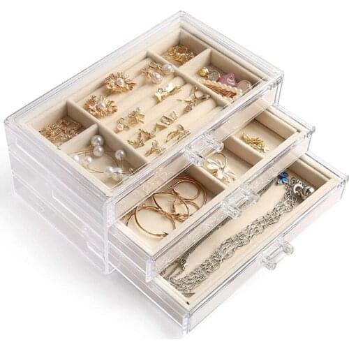 Acrylic Jewelry Box 3 Drawers Velvet Jewelry Box Earrings Ring Necklace Bracelet Display Box Gift Ladies Girl