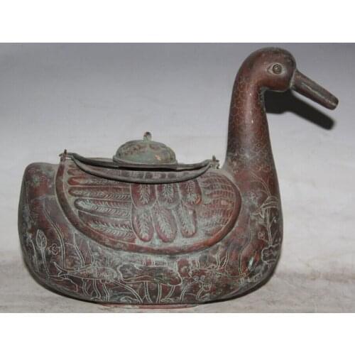 Fast shipping USPS to USA S2451 12" Old Signed Chinese Palace Nobleman Copper Duck Zun Statue Portable Water Pot