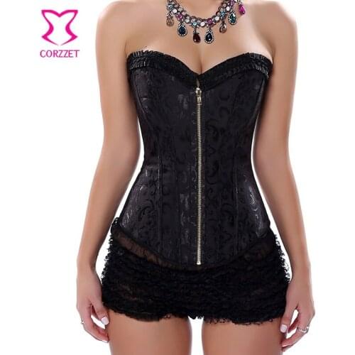 Black Dobby Steel Boned Gothic Clothing Corsets And Bustiers Sexy Corpetes Corseletes Overbust Corset Zipper Korsett For Women