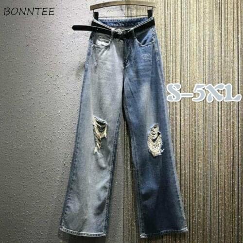 Jeans Women Large Size 5XL Vintage Hole Wide Leg Students Denim Zipper High Waist Full Length Boyfriend Soft High Quality Street
