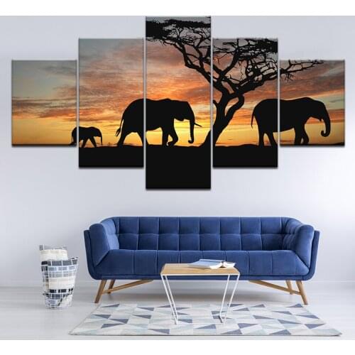 Canvas Painting Savannah elephants and Sunset 5 Pieces Wall Art Painting Modular Wallpapers Poster Print living room Home Decor