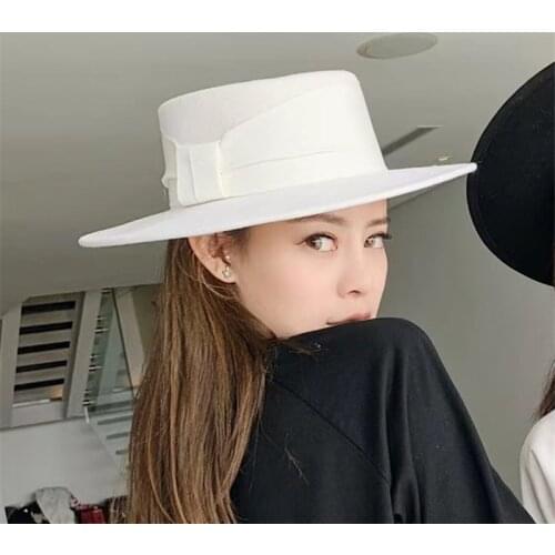 202107-suaishi classic autumn winter ribbon milk white wool lady fedoras cap women leisure panama jazz hat