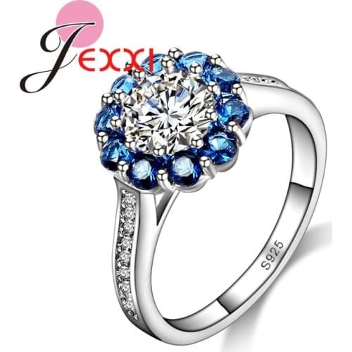 New Fashion 925 Sterling Silver Rings Fine Birthdays Gift Gorgeous Design Blue Flowers Crystal Jewelry Wedding Engagement Bijoux