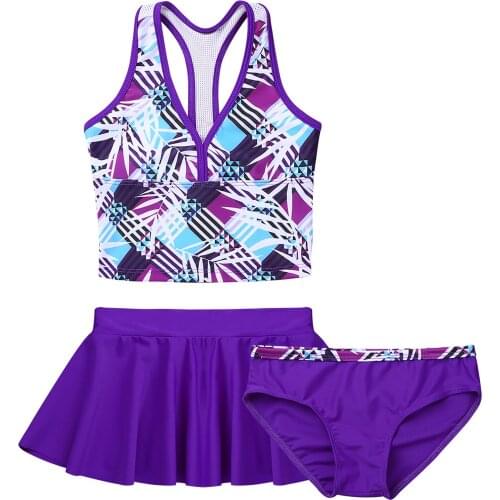 Girls Summer Swimsuits Sets Childrens Bathing Vest Tops with Swim Bottom and Mini Skirt Kids Tankini Leotard 3Pcs Outfits