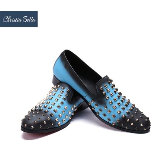 Christia Bella Handmade Men Spikes Shoes Rivets Fashion Party and Wedding Men Loafers Italian Style Smoking Slippers Mens Flats