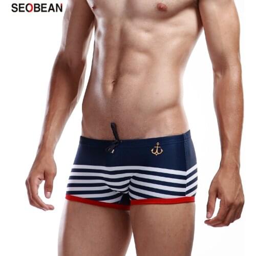 SEOBEAN Summer Hot Spring Spa Low-waist Sexy Navy Striped Boathook Swimming Suits Mens Swimming Trunks