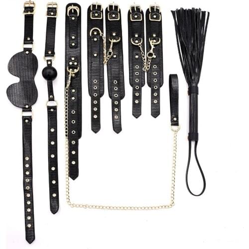 Adults Sex Toys For Couple Handcuffs Shackle Collars Traction Chain Whip Gag Bdsm Bondage Constraint Spanking Sex Toy Set