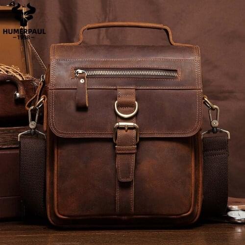 New Mens Crossbody Crazy Horse Cow Leather Shoulder Bag Vintage Cowhide Messenger Bag For Male Casual Luxury Quality Handbag