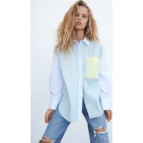 Za 2021 green striped shirt womens shirt long sleeve summer womens top fashion pocket button shirt casual pink top