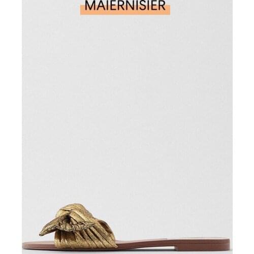 Summer New Style WomenS Shoes Golden Metal Tie Bow Outer Wear Flat Sandals Slippers Women