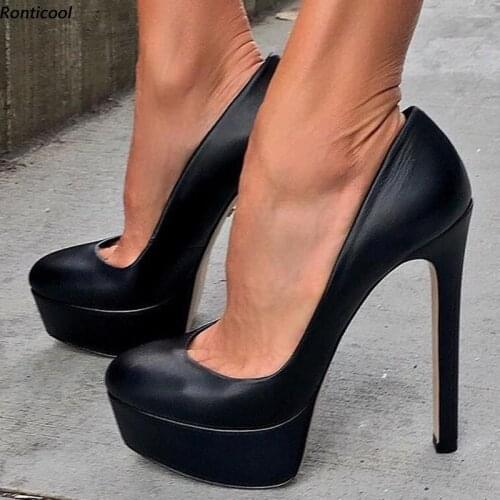Ronticool New Arrival Handmade Spring Women Pumps 14 Cm High Heels Round Toe Elegant Black Dress Shoes Women US Plus Size 5-13