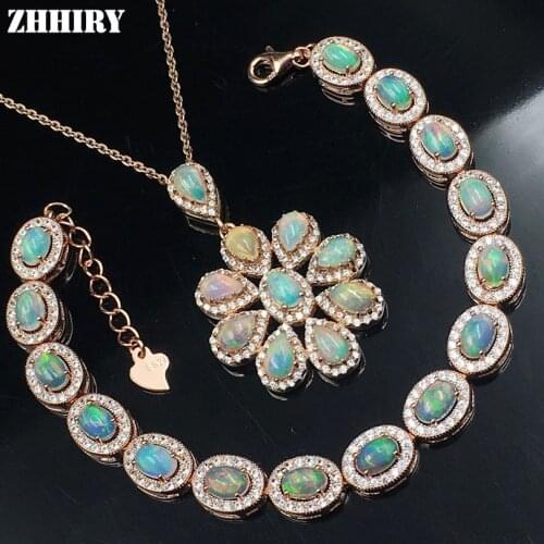 ZHHIRY Natural Fire Opal Gem Jewelry Set Solid 925 Sterling Silver Genuine Stone Women Necklace Bracelet Sets Charm Fine Jewelry
