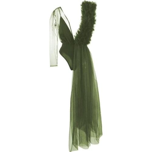 Olive Green Bodysuit For Women Tiered One Shoulder Tulle Women Jumpsuit Long Overlay Bodysuit With Underneath Fashion