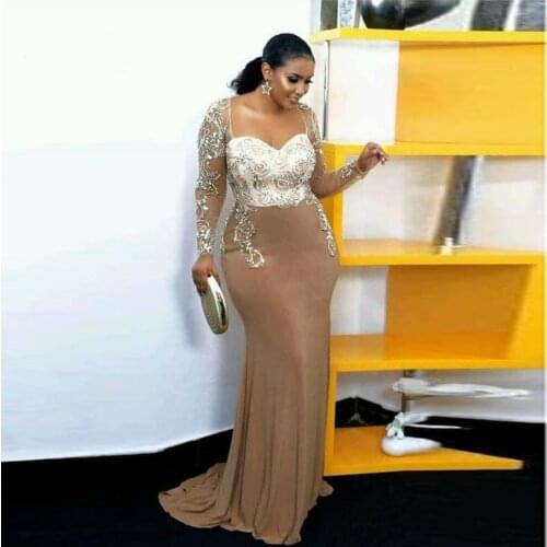 2019 Elegant African Crystal Mermaid Evening Dresses 2020 See Thru Full Sleeves Beaded Prom Gowns Robe De Soiree