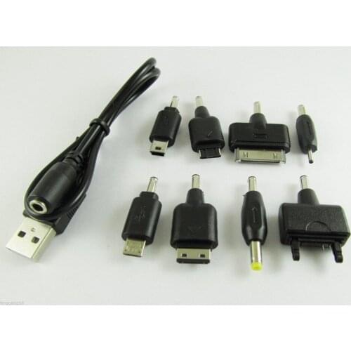 10pcs 1 Set Black USB Charge Cable with 8 DC Adapters PSP MP3 Kit 35cm