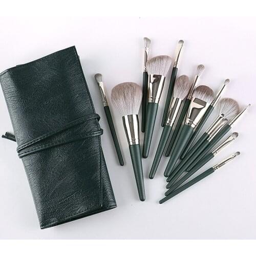14 Green Eyeshadow Brushes, Foundation Brushes, Beauty Tools With Cork Handle, A Full Fet Of Makeup Brushes For Beginners