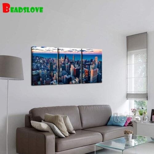 5D DIY Full Diamond Embroidery 3 Piece City Wall Art Chicago Downtown at Sunset Landscape Diamond Painting Cross Stitch Decor