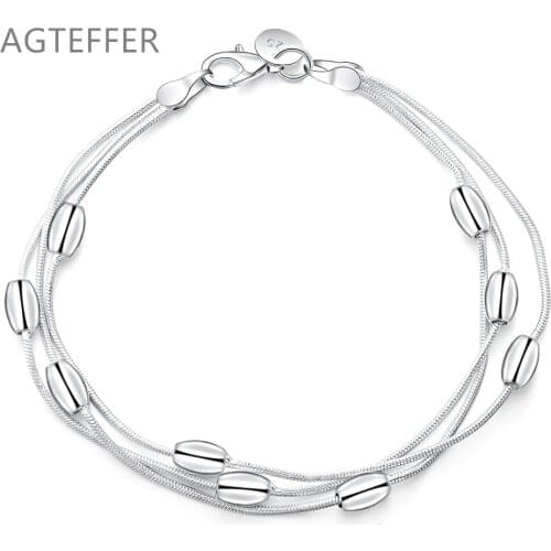 AGTEFFER 925 Sterling Silver Three Snake Chain Smooth Beads Bracelet For Women Wedding Engagement Party Fashion Jewelry