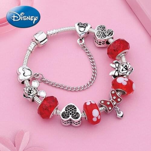 Disney Mickey Mouse Minnie Pans Bracelet Red Crystal Bracelet Cartoon Bead Bracelet