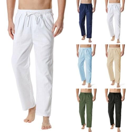 Mens Casual Pants Cotton-linen Loose Trousers Casual Lightweight Elastic Waist Pants Home Pants Streetwear