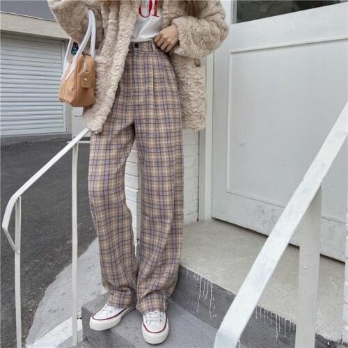 2021 Women Spring Plaid Long Wide Leg Pants Girls Loose High Waist Casual Midi Trousers Sweatpants Floor Length