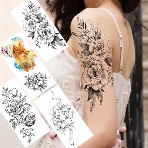 Black Flower Temporary Tattoos Sticker Fake Dreamcatcher Fox Snake Tatoos Waterproof Body Art Arm Tatoos Sticker For Women Girl