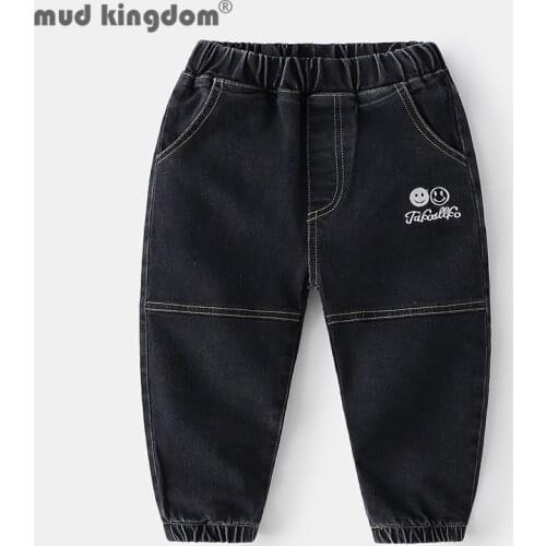Mudkingdom Boys Solid Jeans Letter Smiley Embroidery Slant Pocket Denim Pants Kids Clothes for Toddler Elastic Waist Trousers