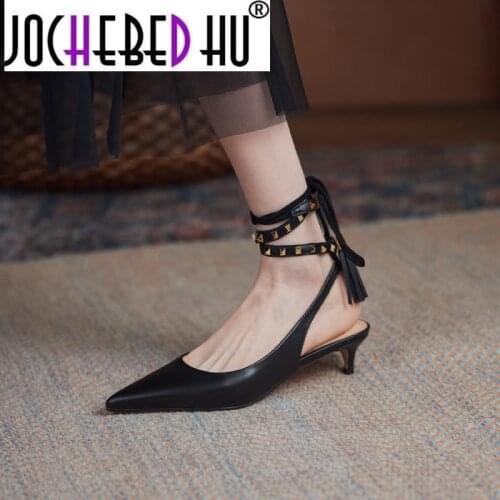 【JOCHEBED HU】Slingbacks Shoes Women Heels Rivet Stud Strips Slippers Pointed Toe Fashion Chic Pumps Spring Summer Slides 2021 Br