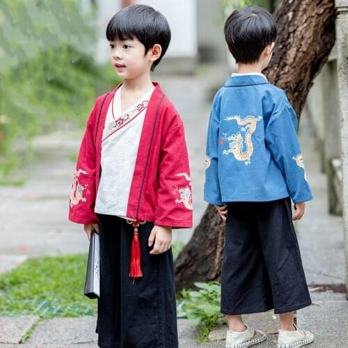 Boys Chinese Style Tang Suit Ancient Retro Dragon Embroidery Hanfu Set Children Stage 3PCS Oriental Linen Swordsman Oufits