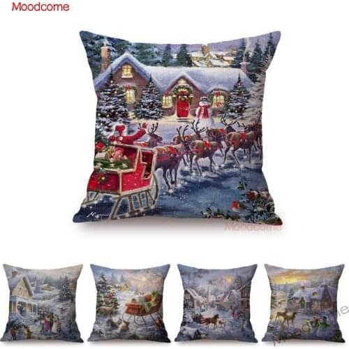 Beautiful Christmas Eve Scenery Oil Painting Reindeer Santa Claus Gift Oil Painting Sofa Pillow Case Xmas Decor Cushion Cover