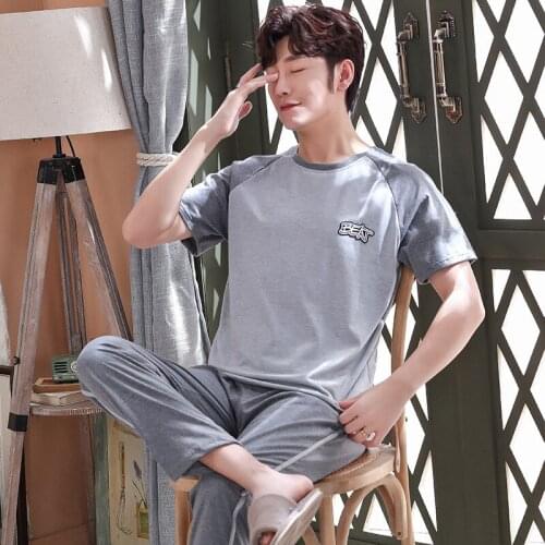 Mens Gray Loose Home Wear Summer New 2PCS Pajamas Suit L-4XL Plus Size Sleepwear Spring Autumn Pyjama Casual Cotton Nightwear