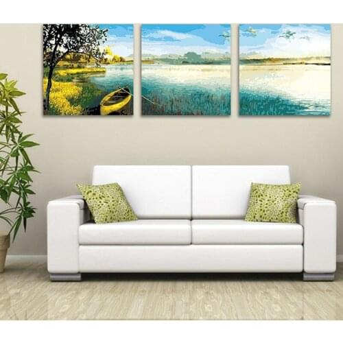 DIY Oil Painting by Numbers Lake Boat 40x40cmx3pcs Triptych kits Landscape Pictures by Numbers Wall art Home Decoration