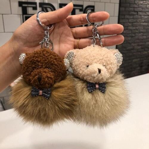 Real Fox Diamond Teddy Bear Fur Ball Pom Poms Natural Fur Pompom Leather Strap Keychain Key Chain Ring Pendant For Women Charm