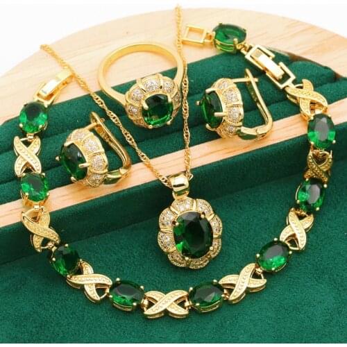 New Arrivals Gold Color Jewelry Sets For Women Wedding Green Zircon Bracelet Ear Clip Earrings Necklace Pendant Ring Gift 4PCS