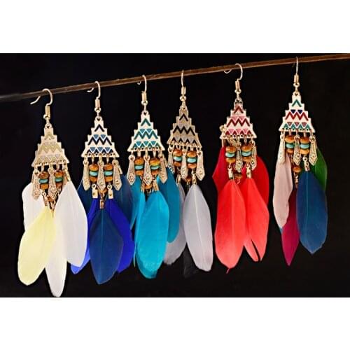 New Ethnic Colorful Triangle Alloy Gypsy Earrings For Women Wood Beads Feather Earrings Tribe Dangle Earrings Oorbellen