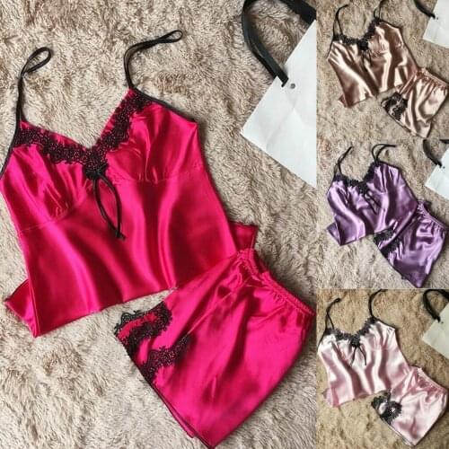 New Style Women Satin Lace Pajama Lingerie Nightwear Sleepwear Top+Shorts 2pcs Pajamas Set