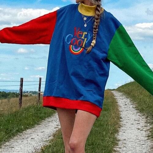 Autumn woman sweatshirt rainbow letter pattern patchwork loose casual turtle neck pullover long sleeved tops sudaderas mujer